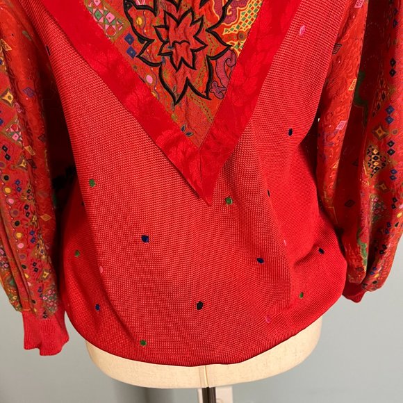 Vintage Diane Freis Long Sleeve Mixed Media Blouse Statement Collar Silk Red - Picture 9 of 12
